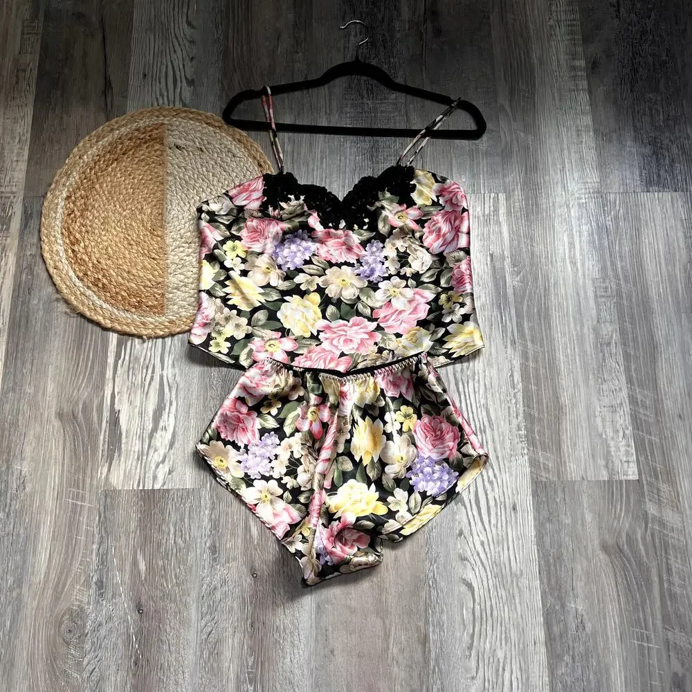VICTORIA'S SECRET Gold Label Vtg Floral Print Satin Camisole & Short Pajama Set